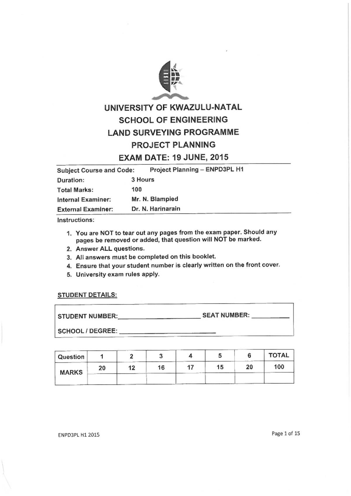 ENPD3PL H1 2015 Final Exam - Project Planning Overview - Studocu