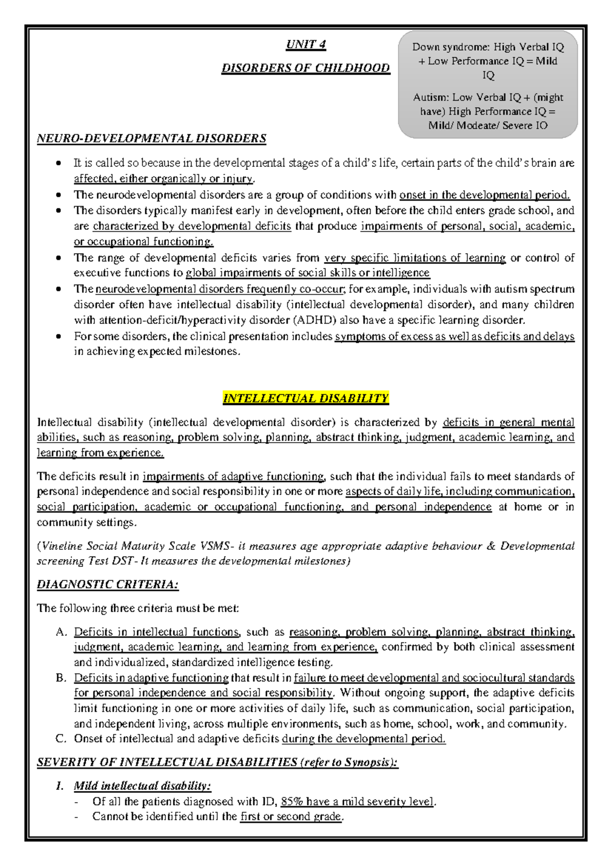 UNIT 4: Neurodevelopmental Disorders & Intellectual Disabilities ...