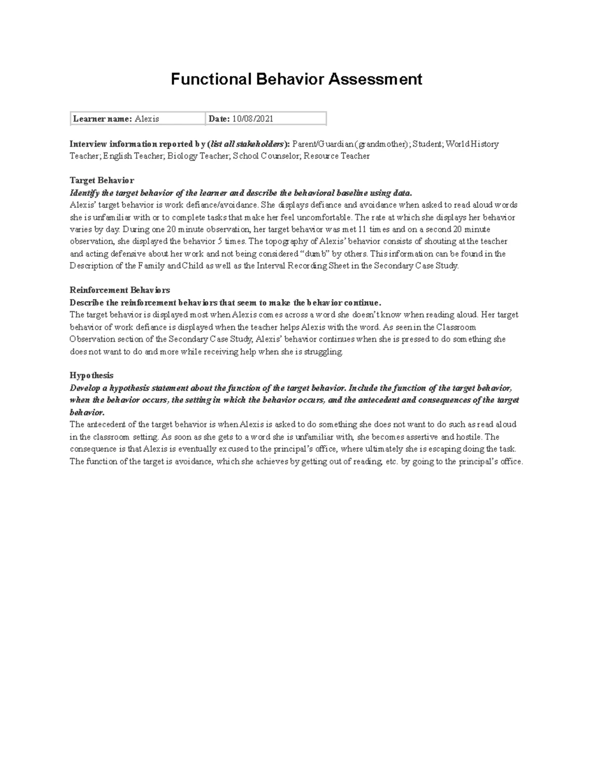 D001 Task 1: Functional Behavior Assessment & Intervention Plan - Studocu
