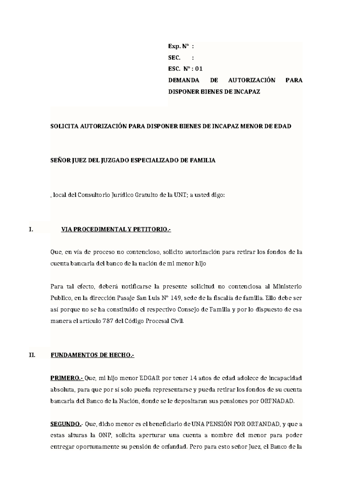 Demanda de Autorización para Disponer Bienes de Incapaz - SEC. ESC. 01 ...