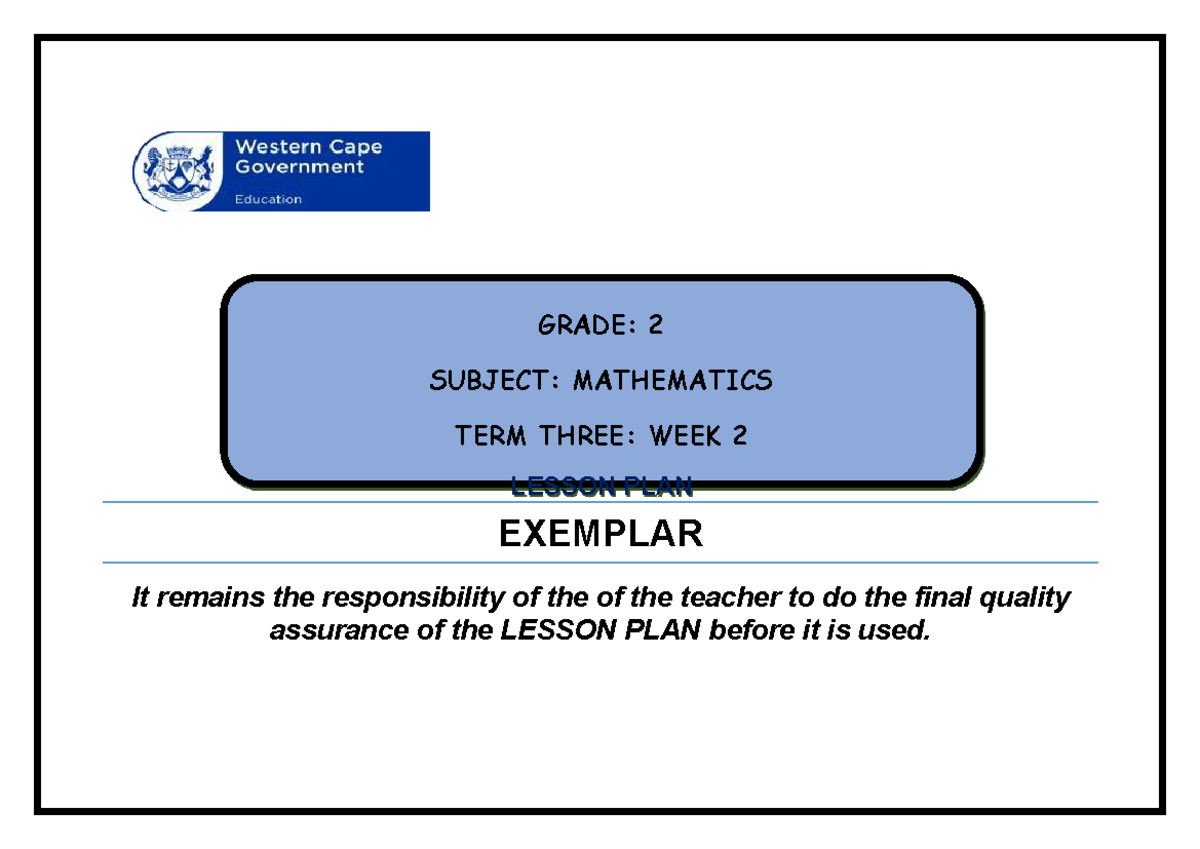 Lesson Plan for Grade 2 Mathematics - Term 3 Week 2 - Studocu