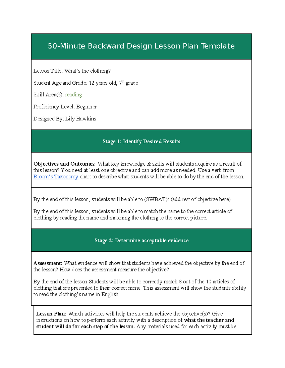 50 - Individual to program - 50-Minute Backward Design Lesson Plan ...