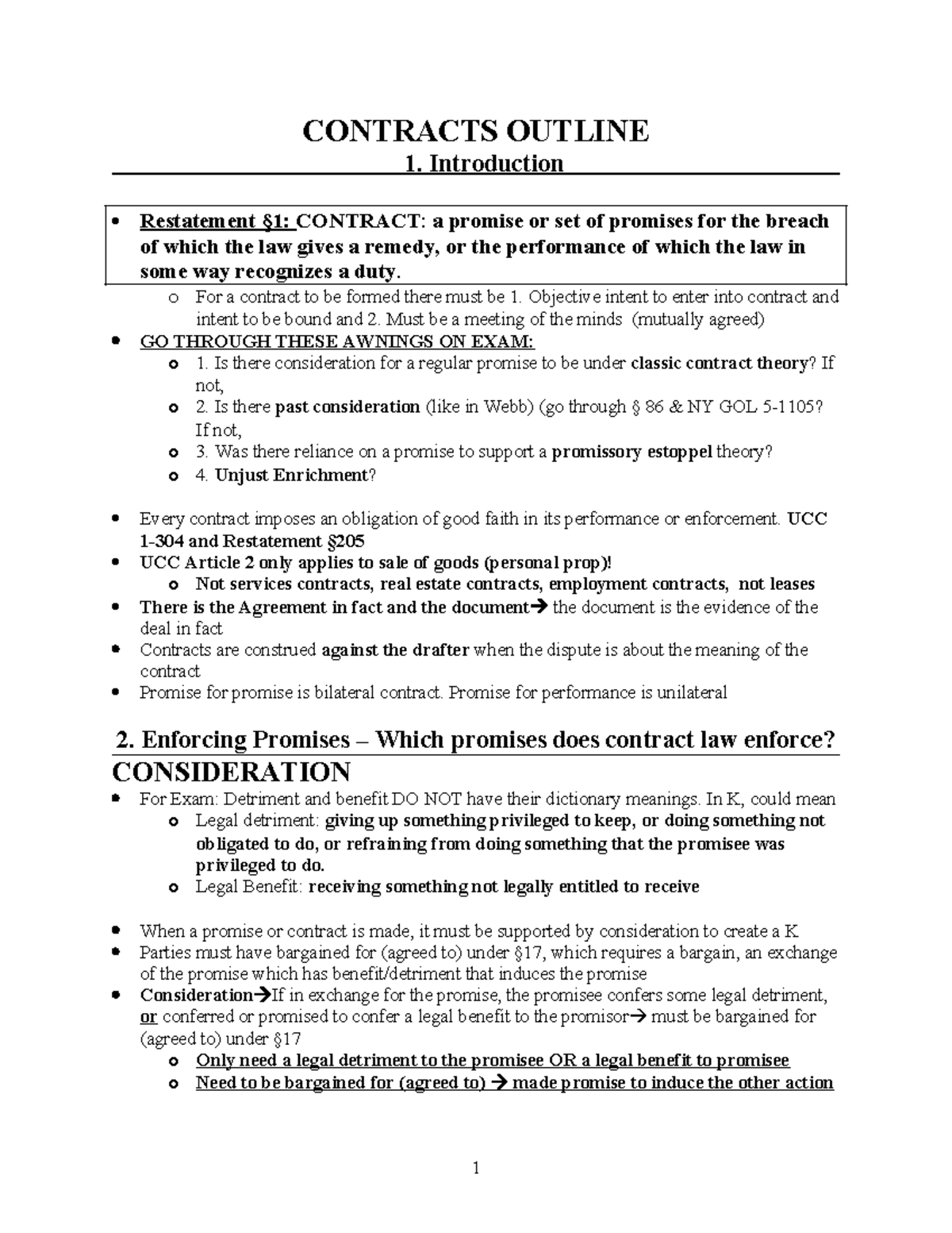 Contracts Outline - CONTRACTS OUTLINE 1. Introduction Restatement §1 ...