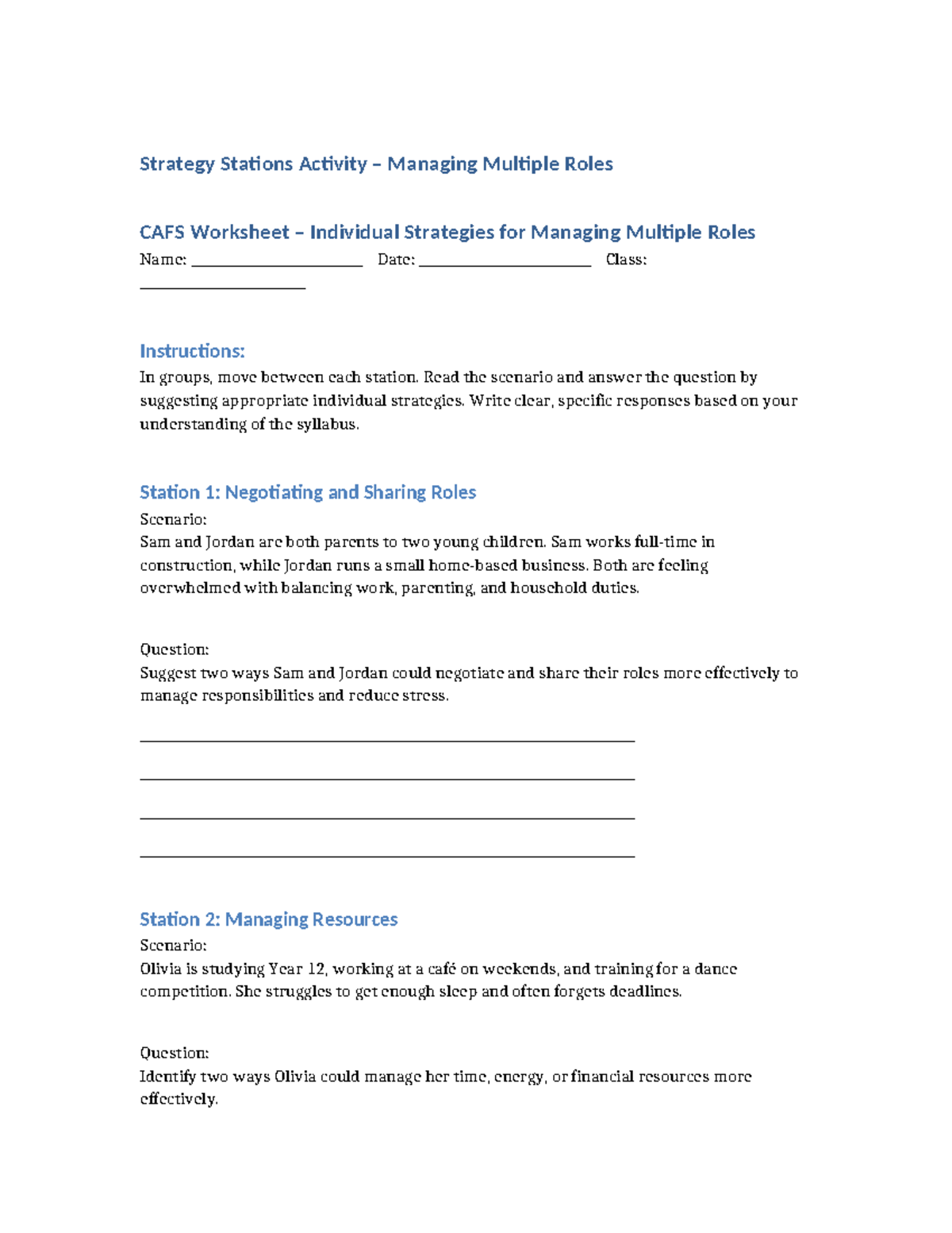 CAFS Worksheet: Strategy Stations for Managing Multiple Roles - Studocu