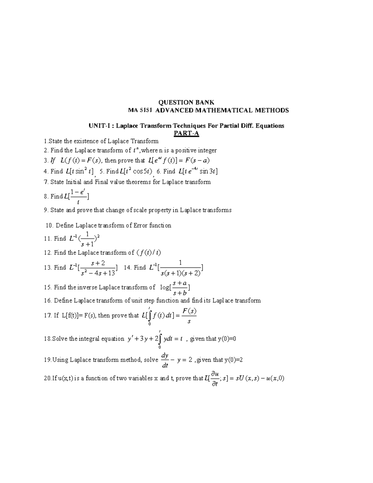 QB MA5151 - Advanced Mathematical Methods: Laplace Transform Techniques ...