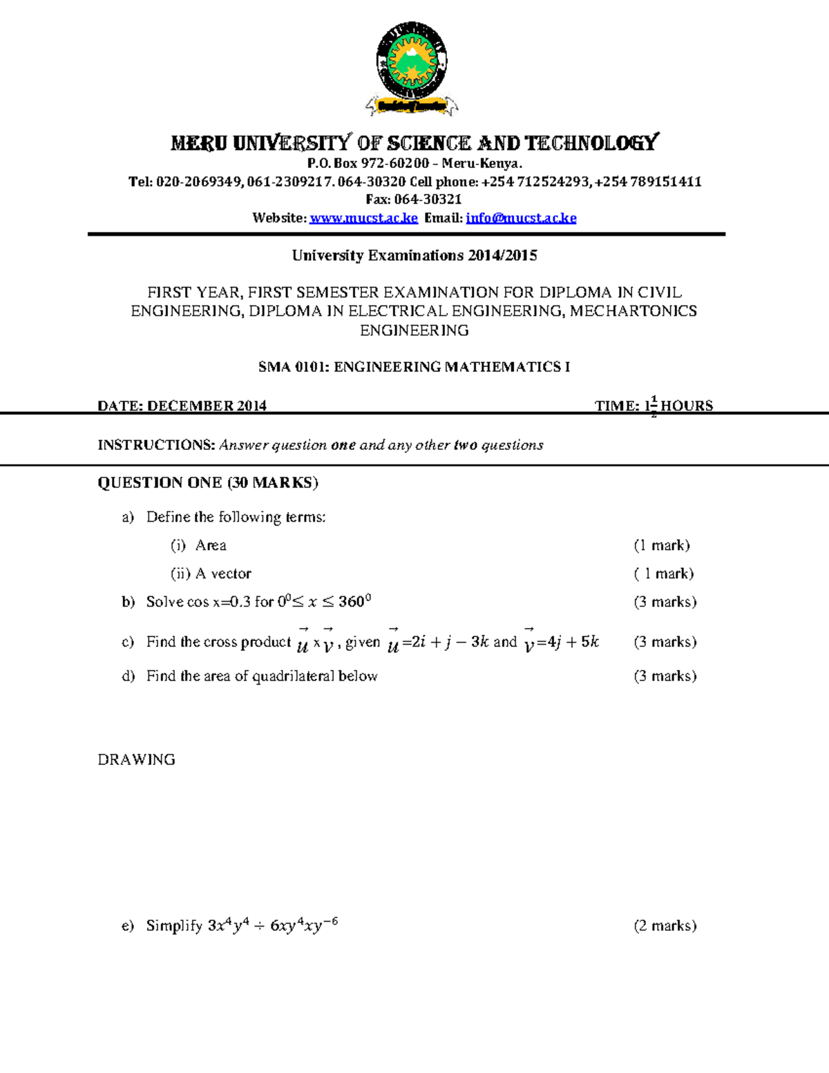 Engineering Mathematics I SMA 0101: December 2014 Exam Questions - Studocu