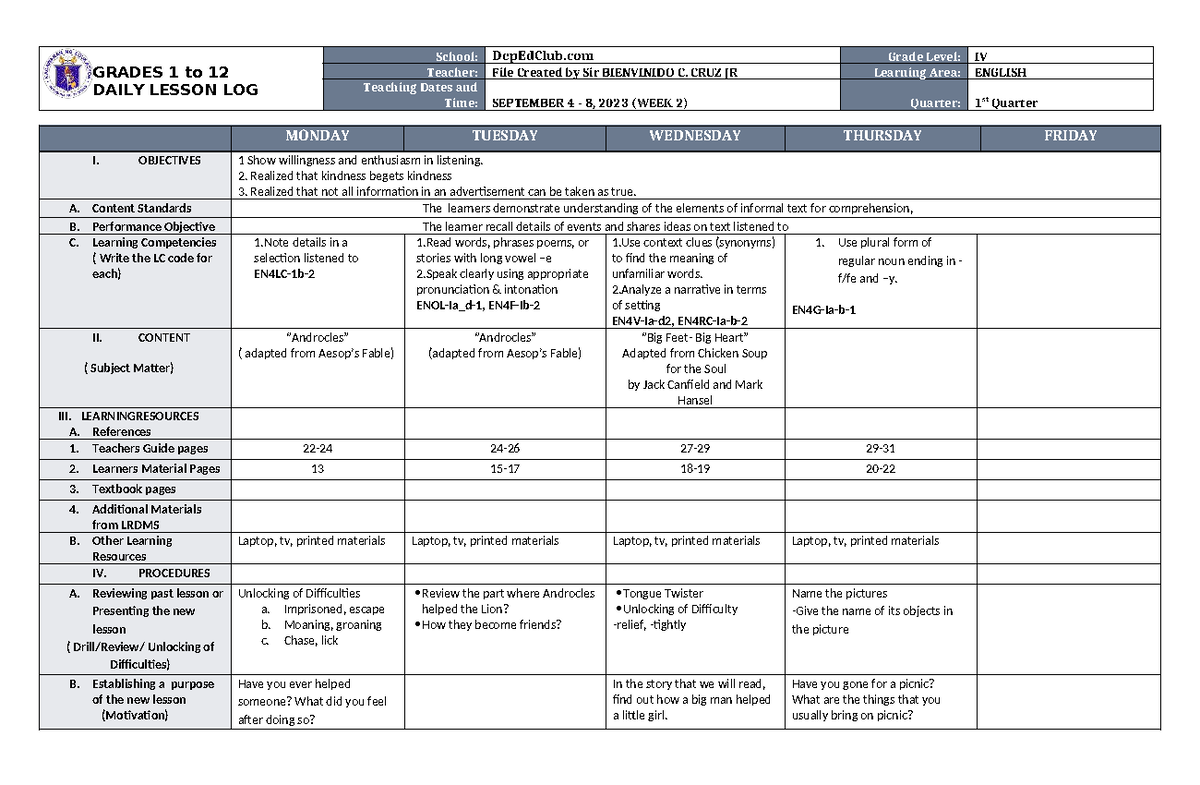DLL English 4 Q1 W2: Daily Lesson Log for Grades 1-12 - Studocu