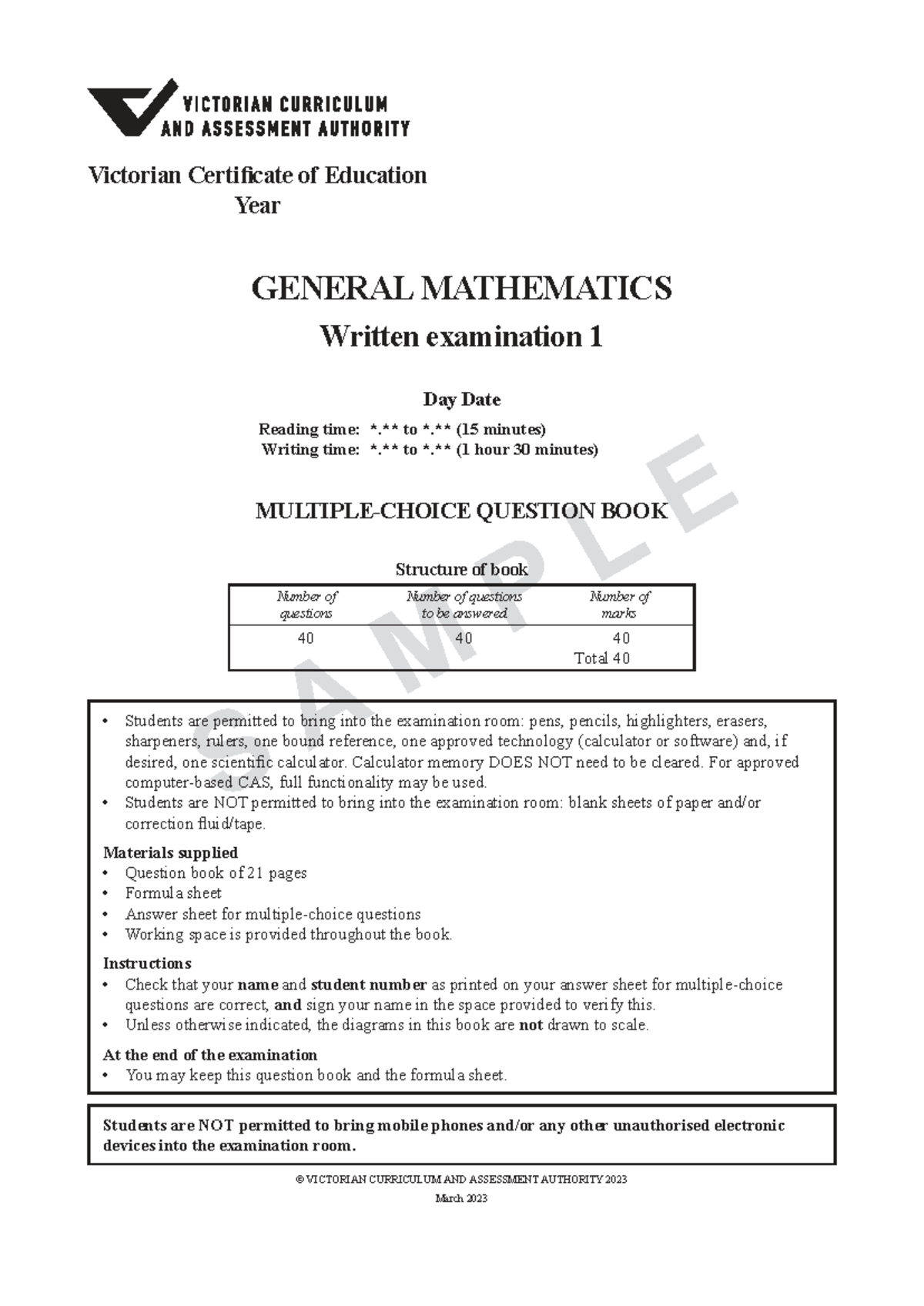 2023 VCAA GM 1 Sample Exam - General Mathematics - Studocu
