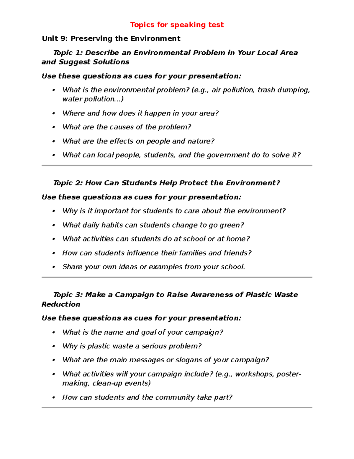 Unit 9 & 10 Speaking Test Topics: Environmental Issues & Ecotourism ...