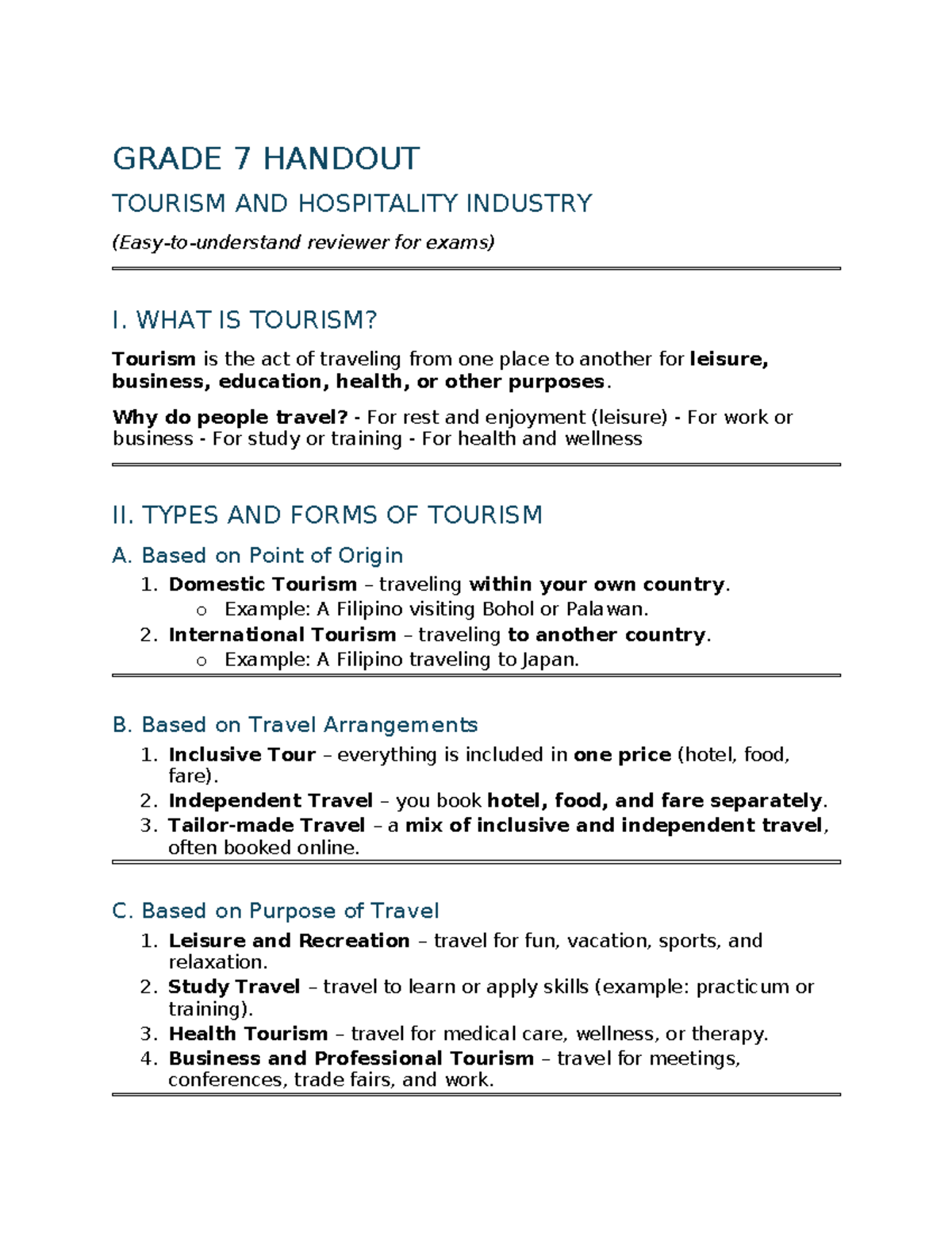 Grade 7 FCS Tourism & Hospitality Exam Reviewer Handout - Studocu
