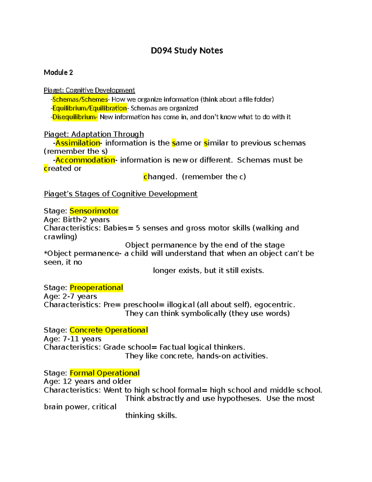 D094 Study Notes - D094 Study Notes Module 2 Piaget: Cognitive ...