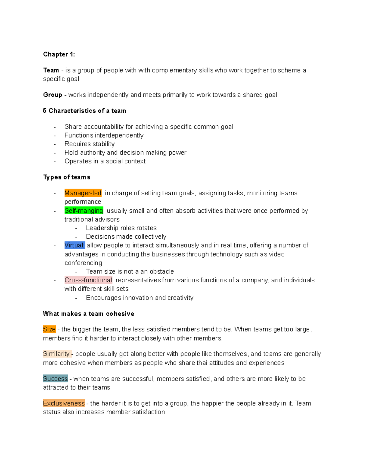 Chapter Notes on Team Dynamics and Business Environment - Studocu