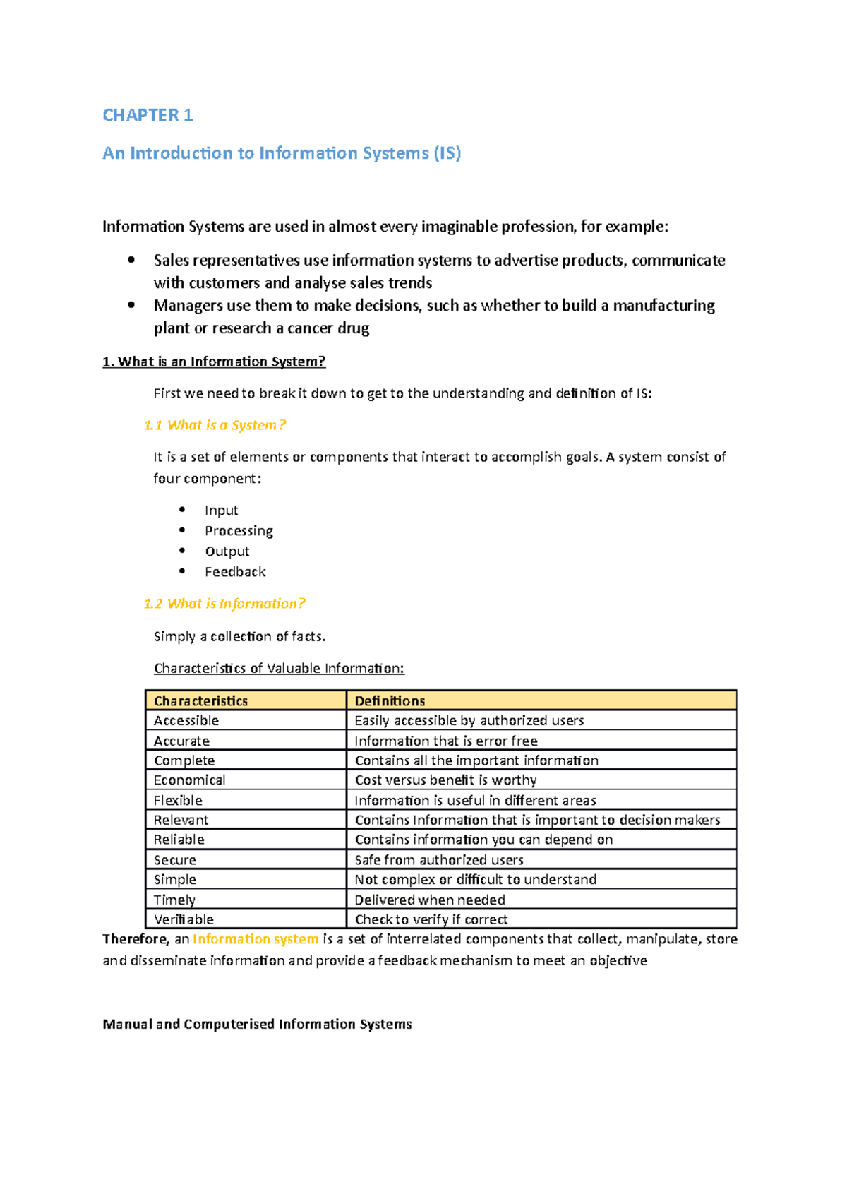 INF1501 Chapter 1: Introduction to Information Systems and Components ...