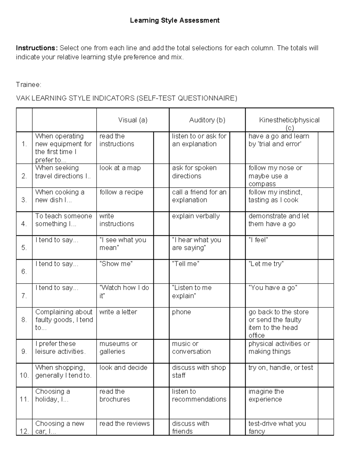 Learning Style Assessment Instructions (VAK Questionnaire) - Studocu
