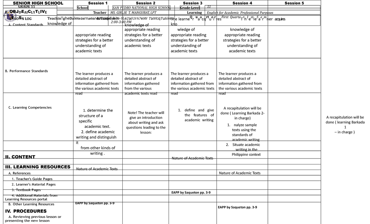 Weekly Lesson Plan for EAPP (English for Academic Purposes) - Grade 11 ...
