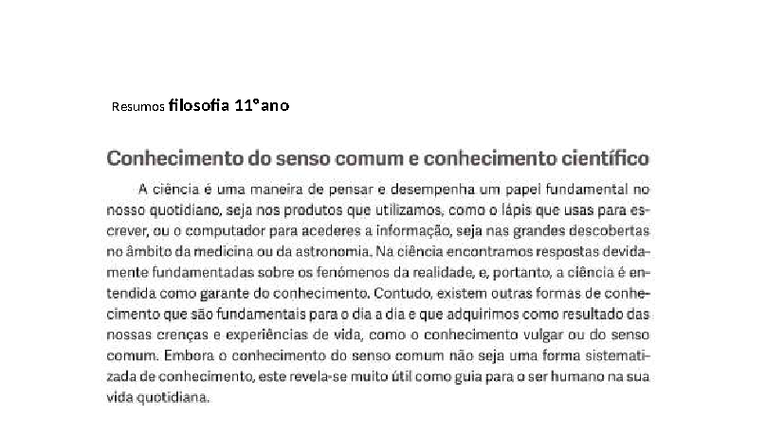 Resumos de Filosofia 11º Ano: Conhecimento e Senso Comum - Studocu