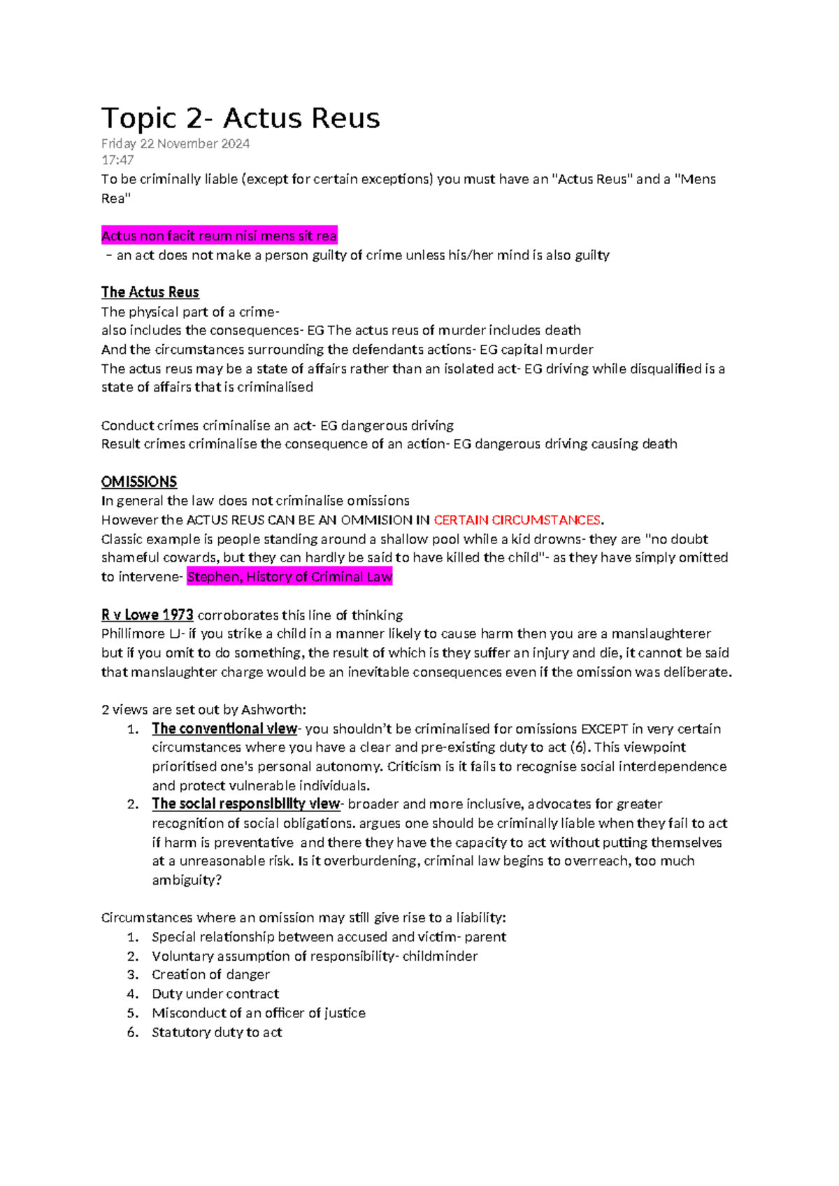 Actus Reus Notes: Comprehensive Summary for Criminal Law (CL101) - Studocu