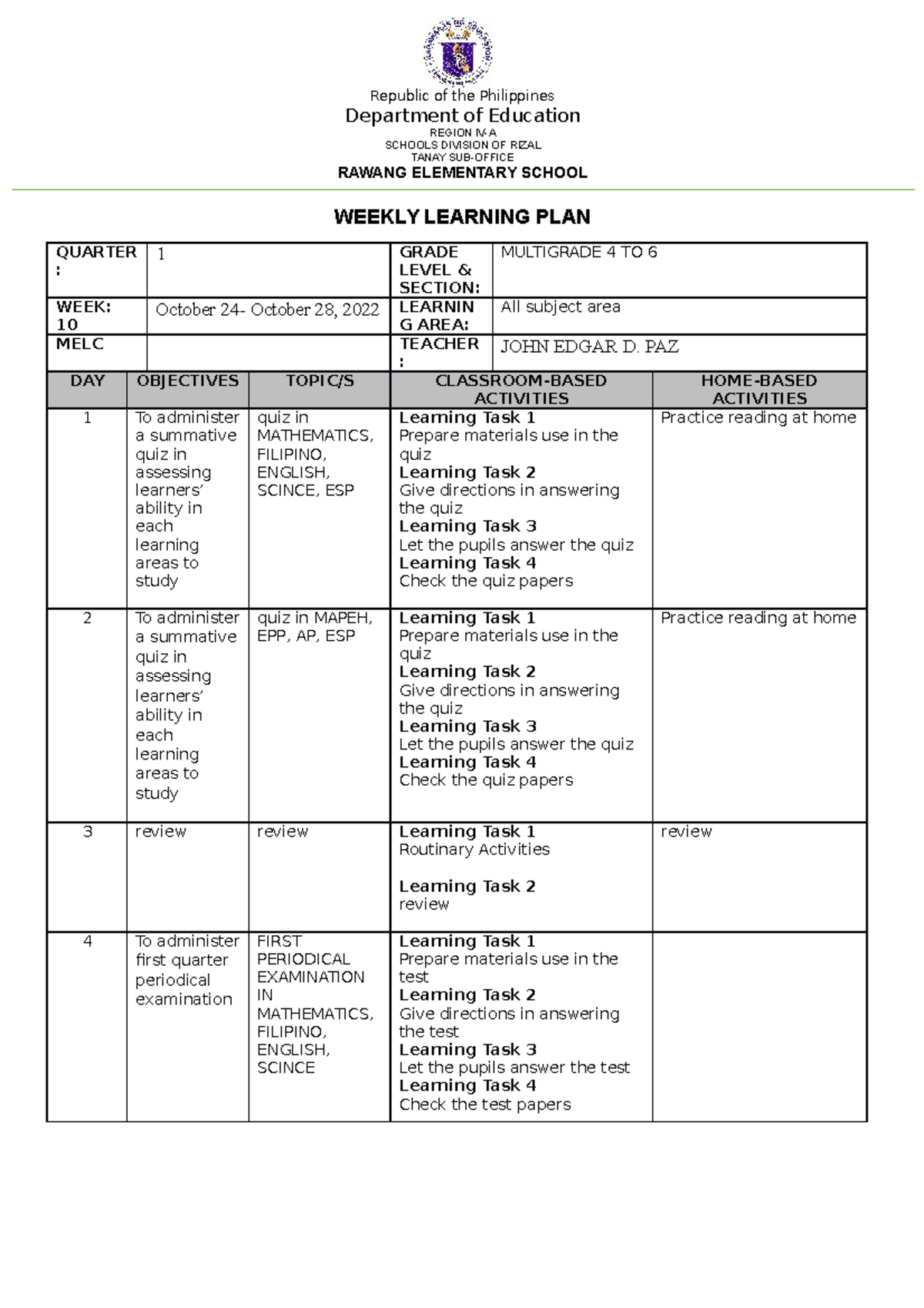 WLP Week 10 for Grades 4-6 (MG-4-6) - Learning Plans & Quizzes - Studocu