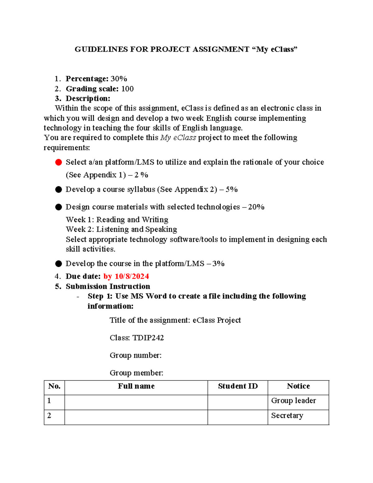 TDIP 242 Project Assignment Guidelines for My eClass Course - Studocu