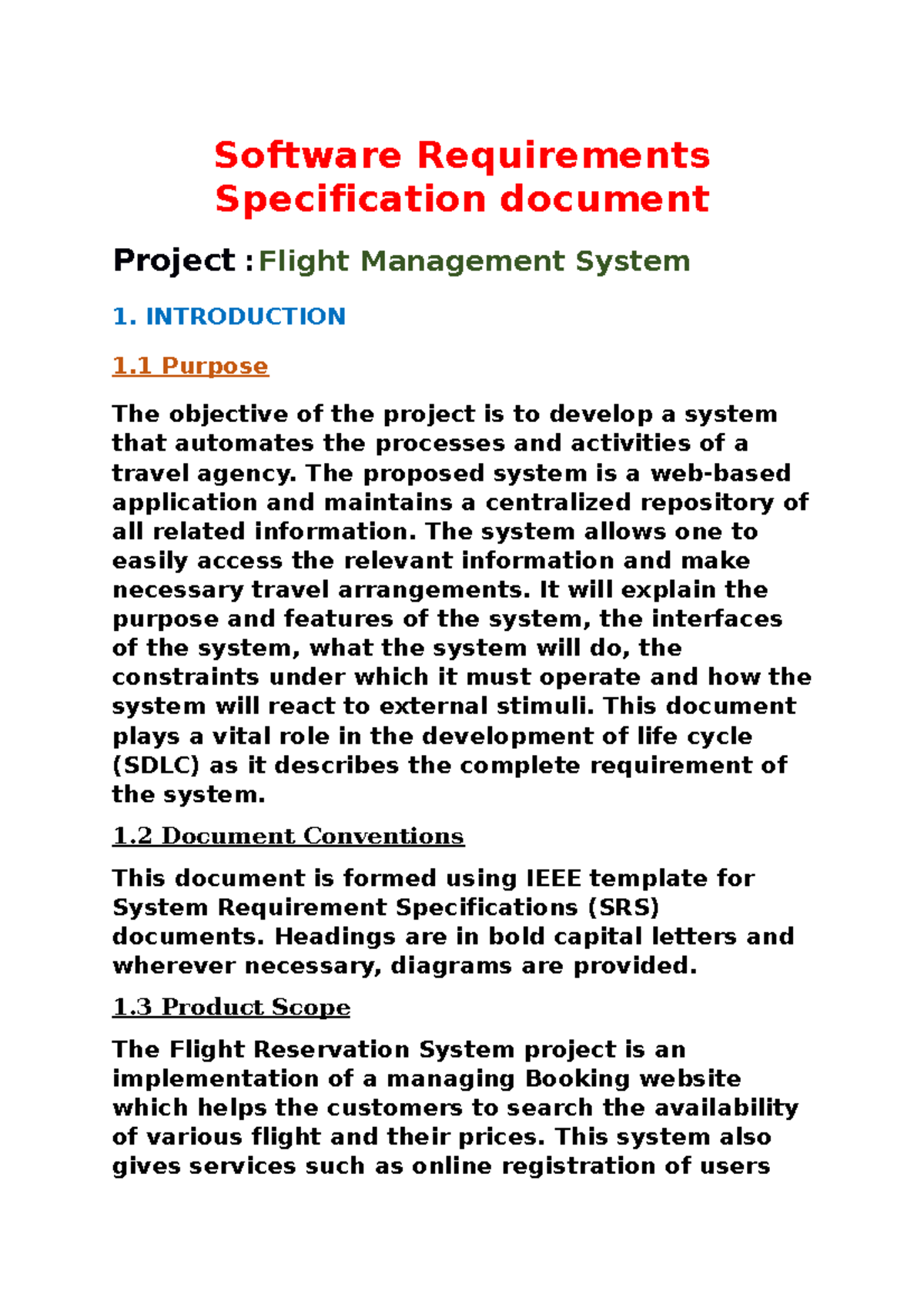 SRS Document for Flight Management System (FMS) Project Overview - Studocu
