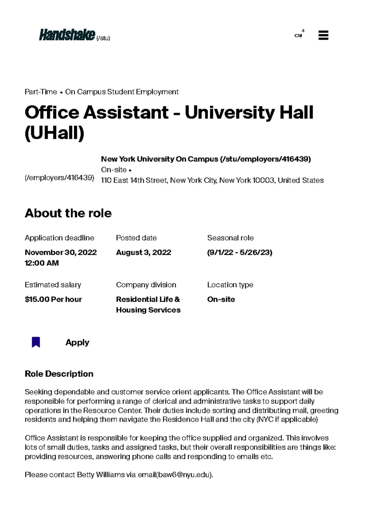 Office Assistant Position at UHall, NYU - Job Details & Application ...