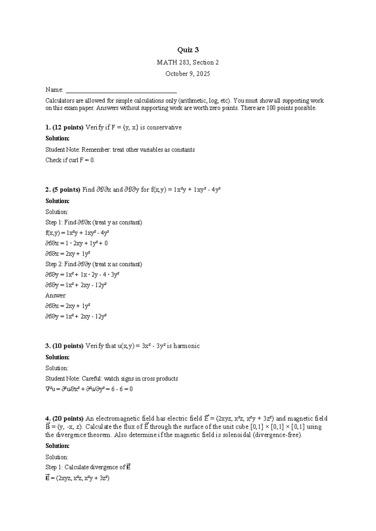 Quiz 3 Solutions for MATH 283, Section 2 - October 9, 2025 - Studocu