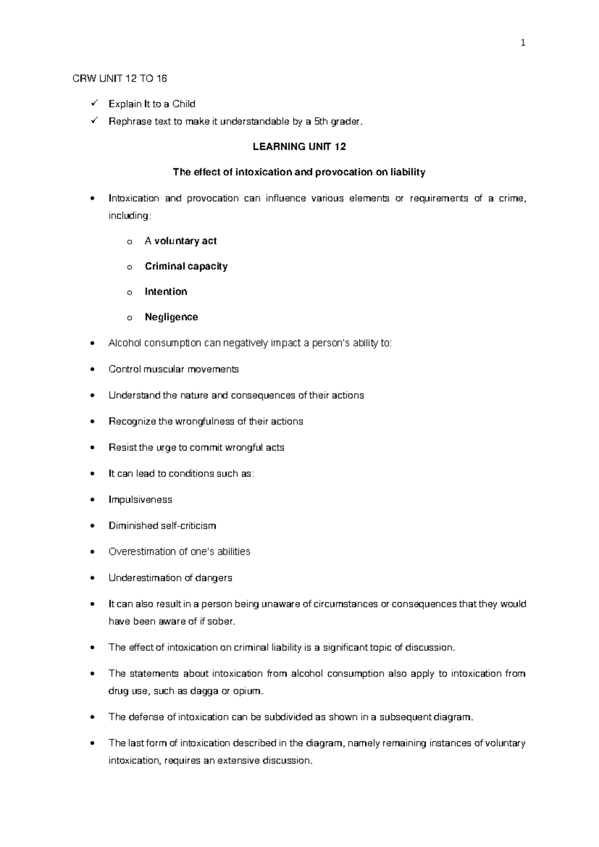 CRW UNIT 12-16: Liability Effects of Intoxication & Provocation Summary ...