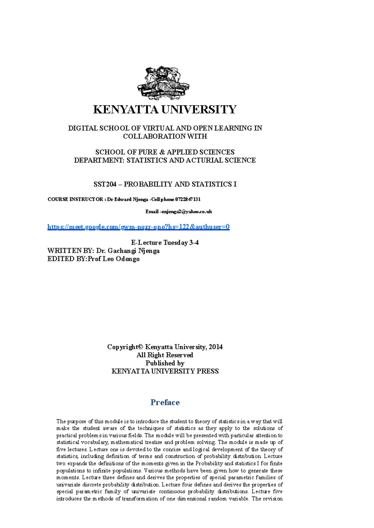 SST204 Lecture 1: Introduction to Probability and Statistics I - Studocu