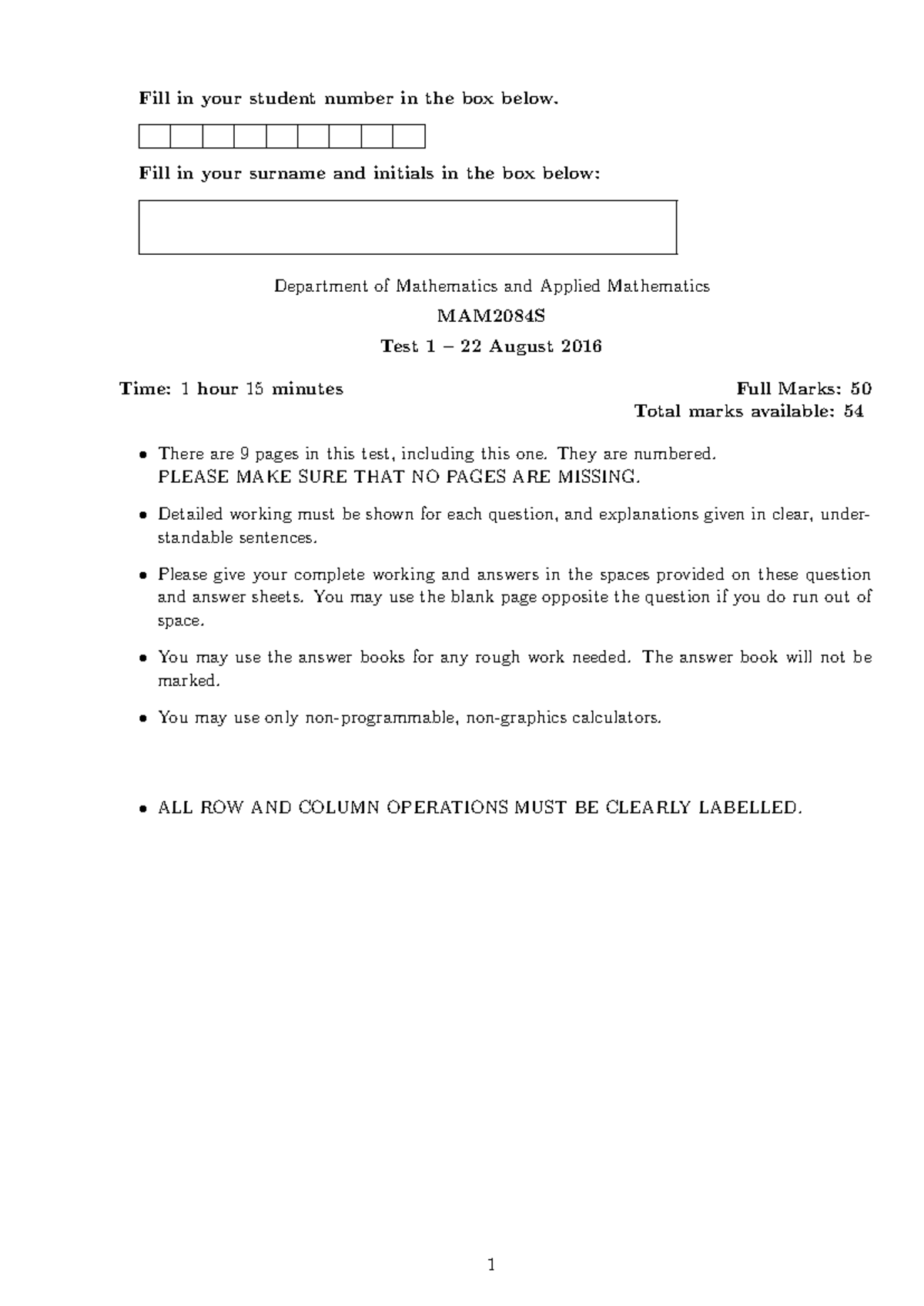 Test 1 MAM2084S 2016 - Mathematics and Applied Mathematics Exam - Studocu