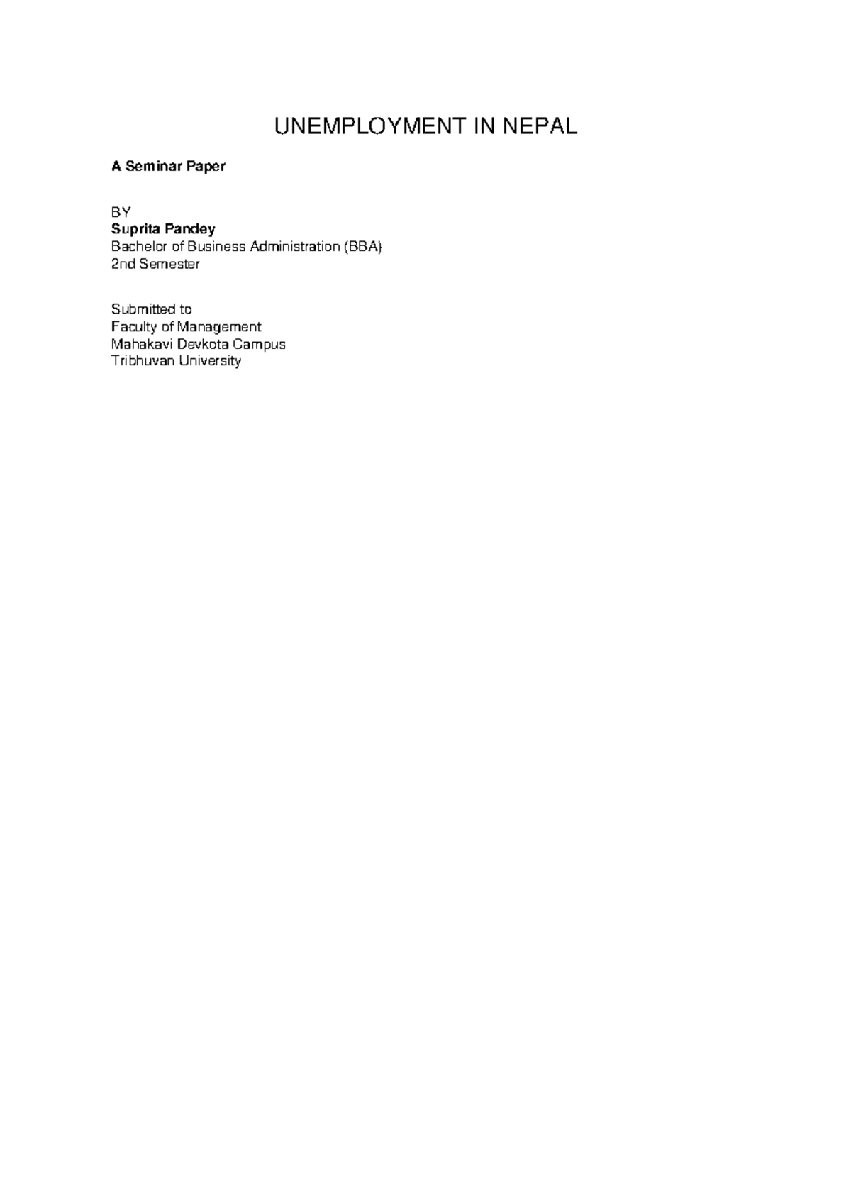 BBA 2nd Sem Seminar Paper: Unemployment in Nepal by Suprita Pandey ...