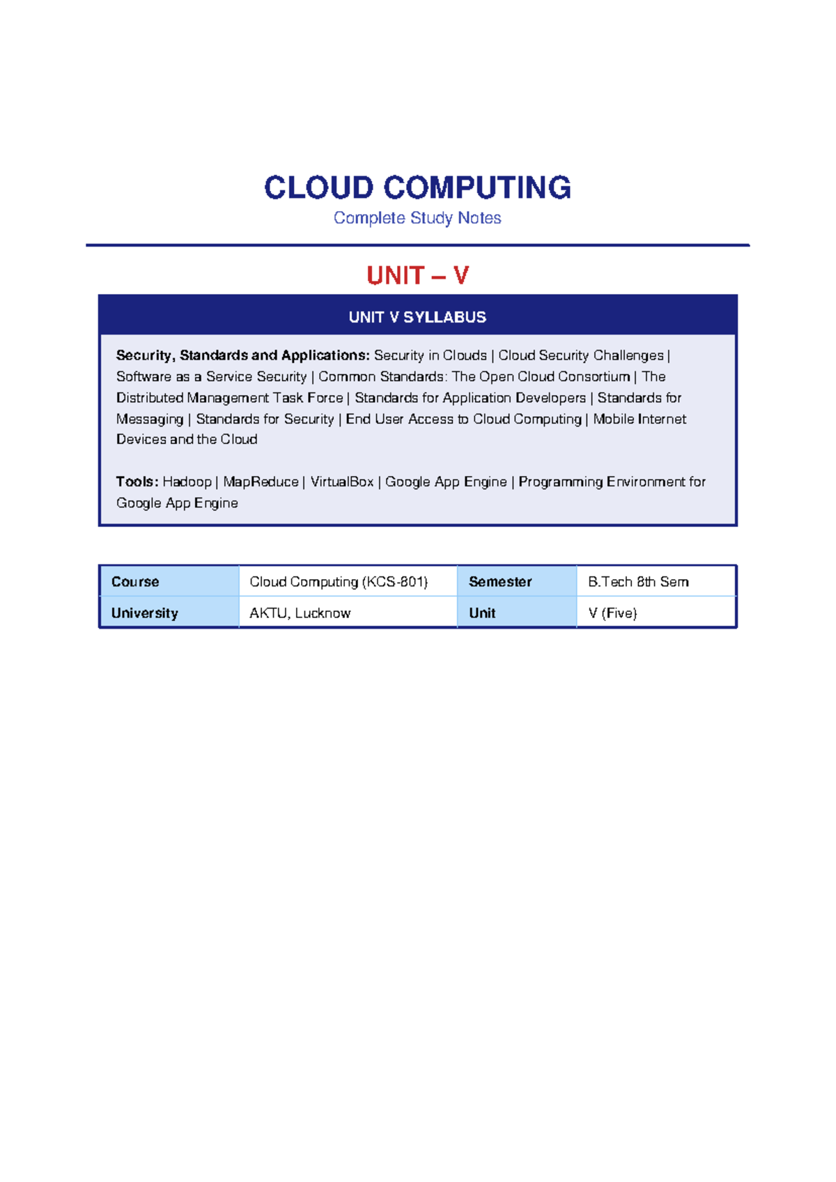 Cloud Computing Unit V Study Notes: Security, Standards & Applications ...