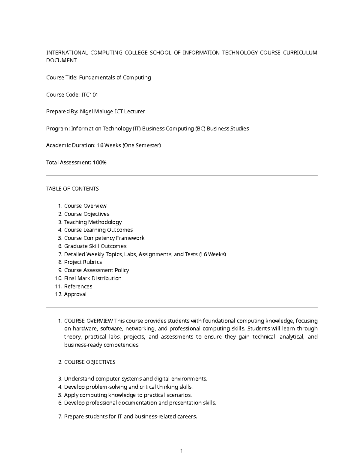ITC101 Fundamentals of Computing Course Curriculum Overview - Studocu