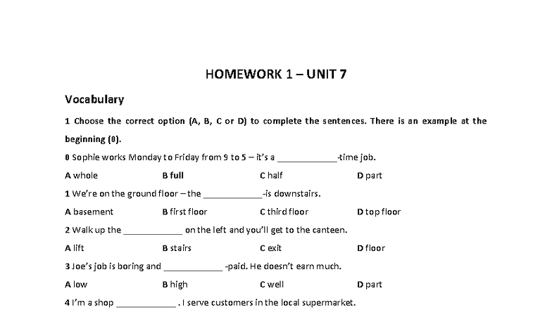 E2 HW1 Unit 7 Vocabulary & Grammar Exercises - Studocu