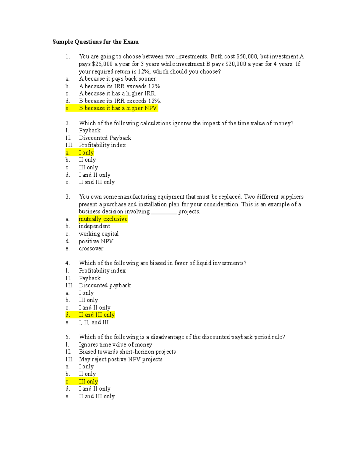 Practice questions midterm 2 - Sample Questions for the Exam You are ...
