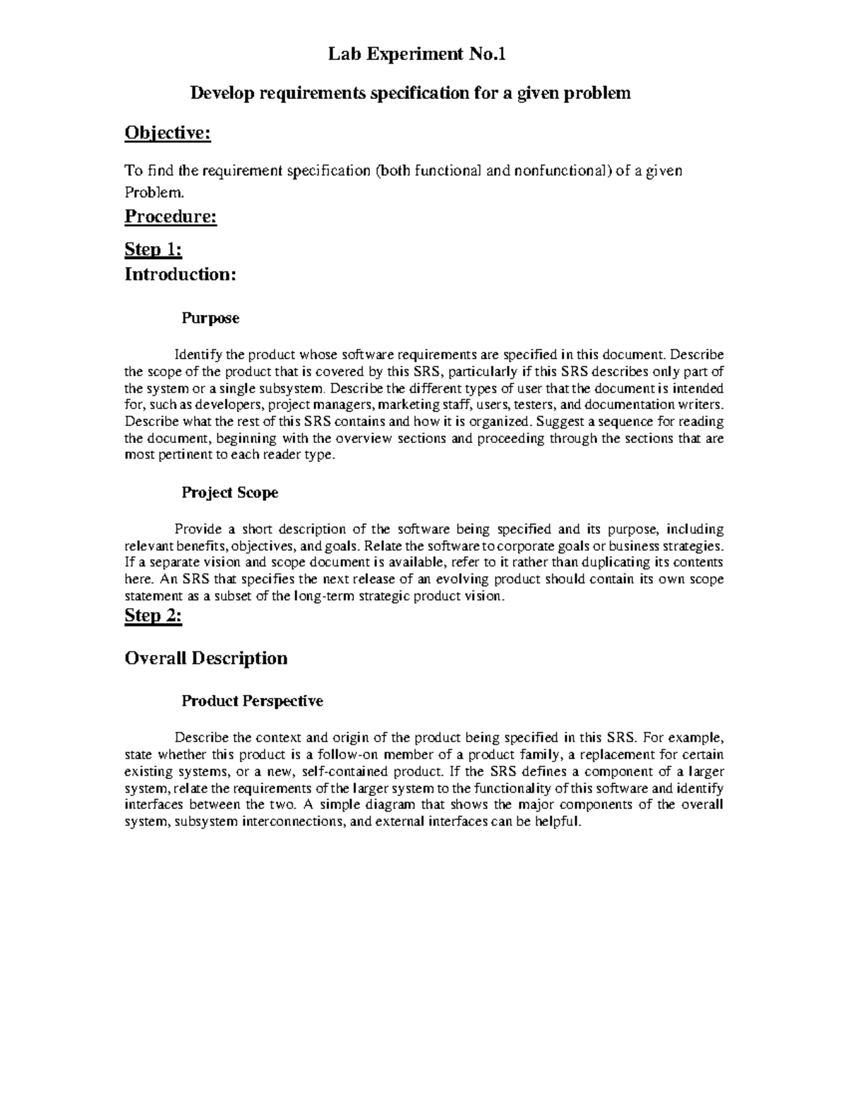 Lab Experiment 1: Requirements Specification Development Guide - Studocu
