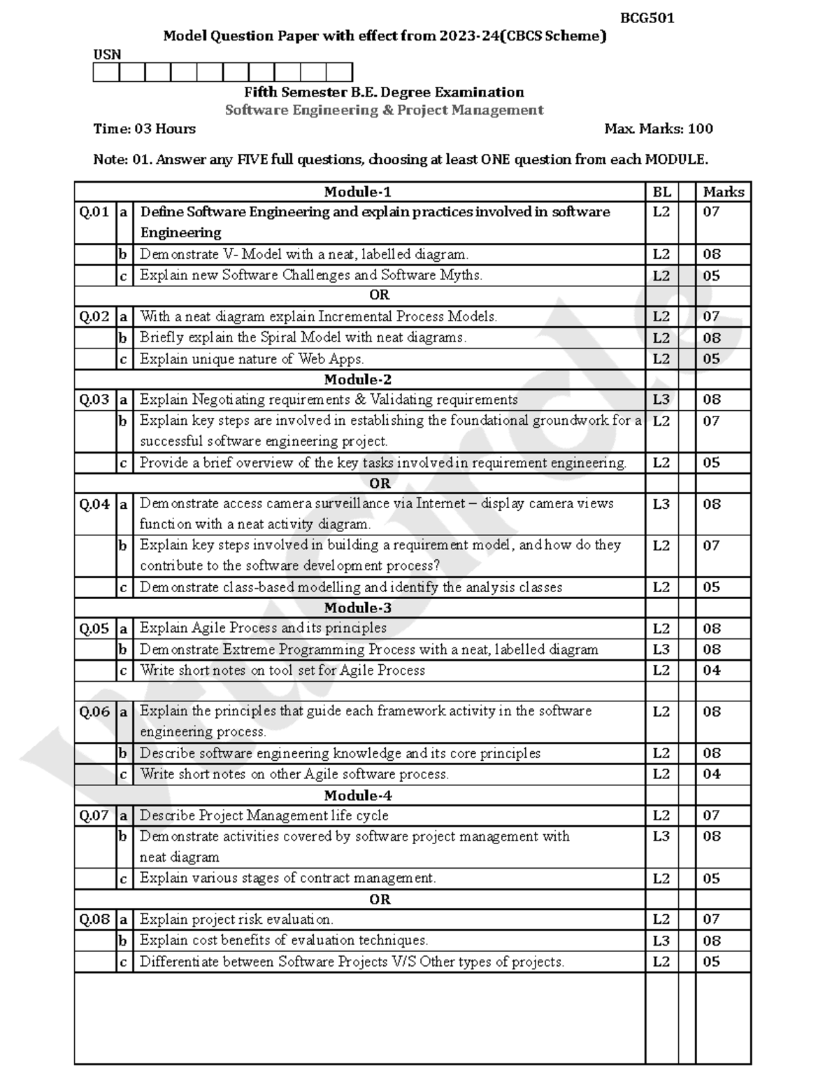 BCG501 Software Engineering Project Management Model Question Paper ...