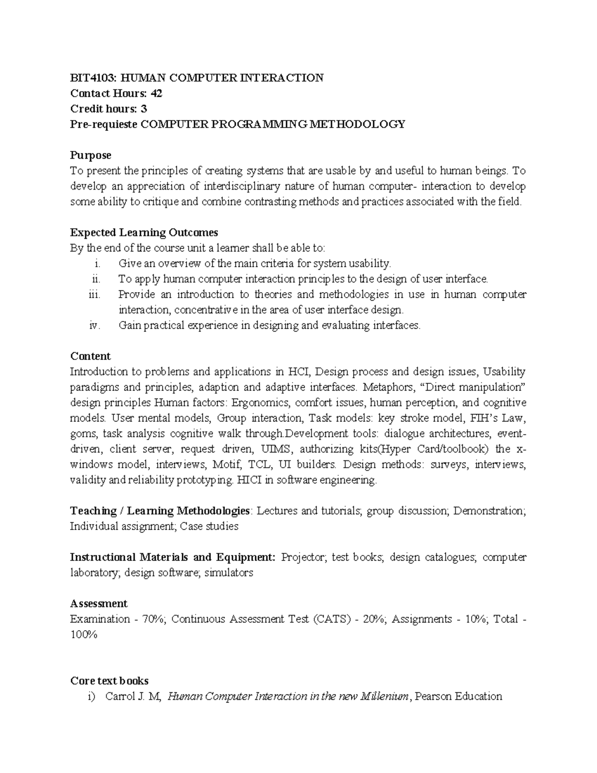 BIT4103: Course Outline for Human-Computer Interaction - Studocu