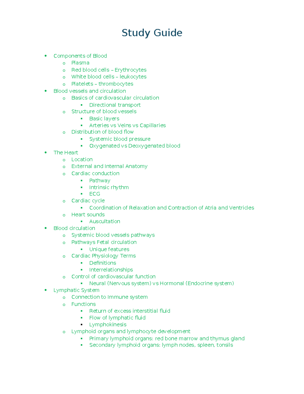 Module 1 Study Guide: Blood, Heart, and Lymphatic System Overview - Studocu