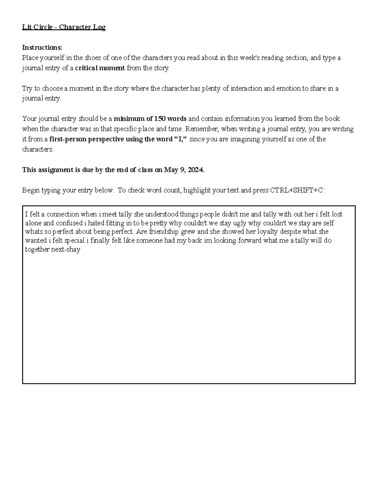 Lit Circle - Character Log Journal Entry: Exploring Identity ...