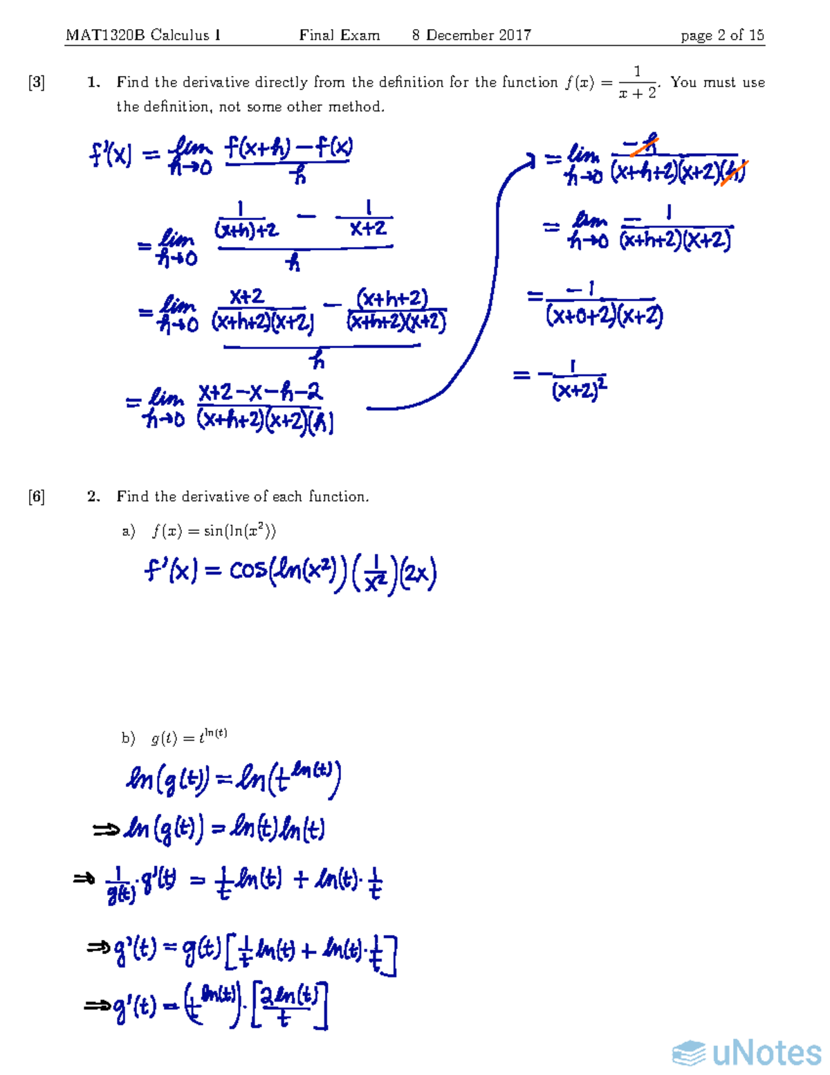 MAT1320B Calculus I Final Exam solutions and notes from December 2017 ...