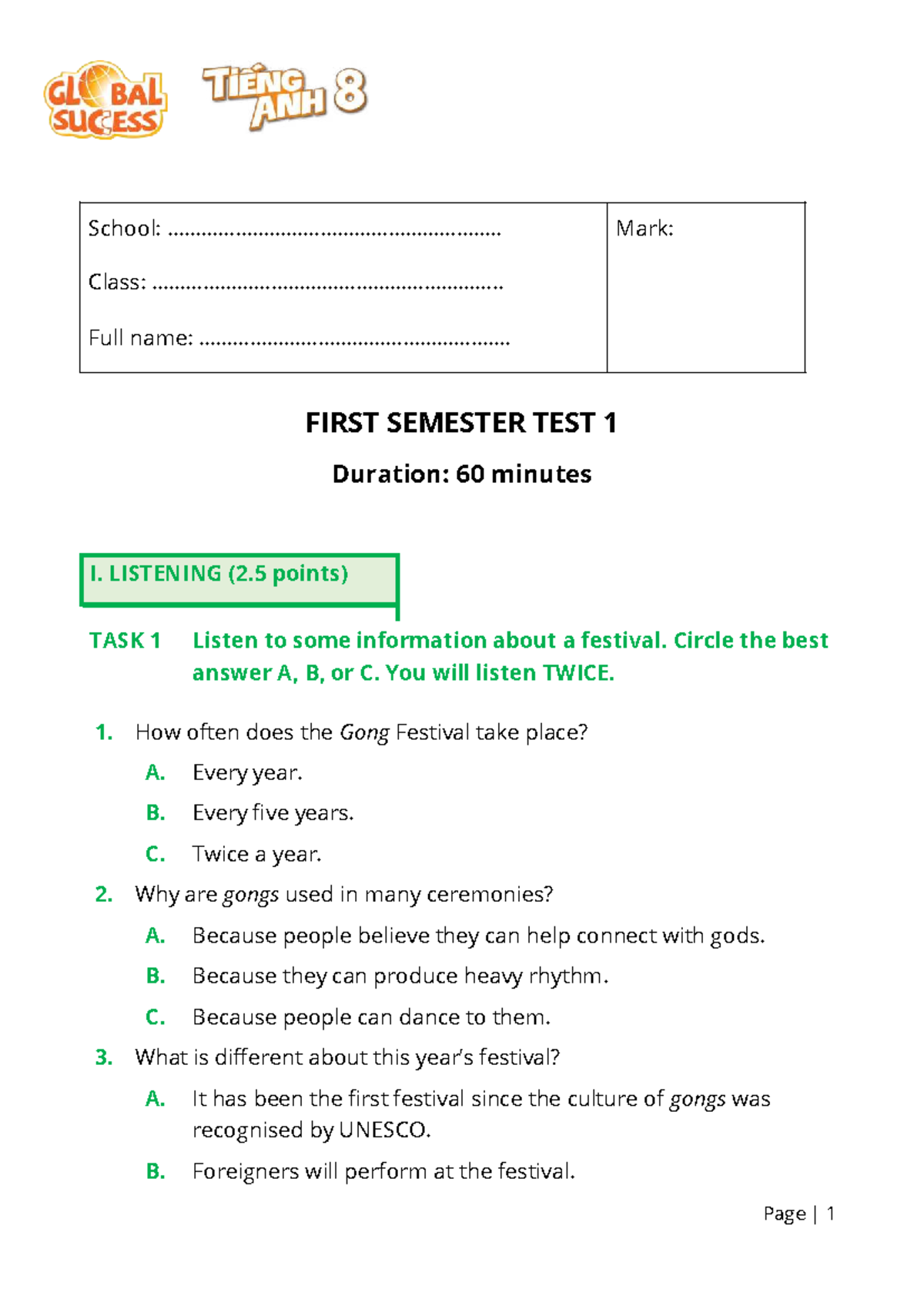 Semester 1 Listening & Language Focus Test 1 - Studocu
