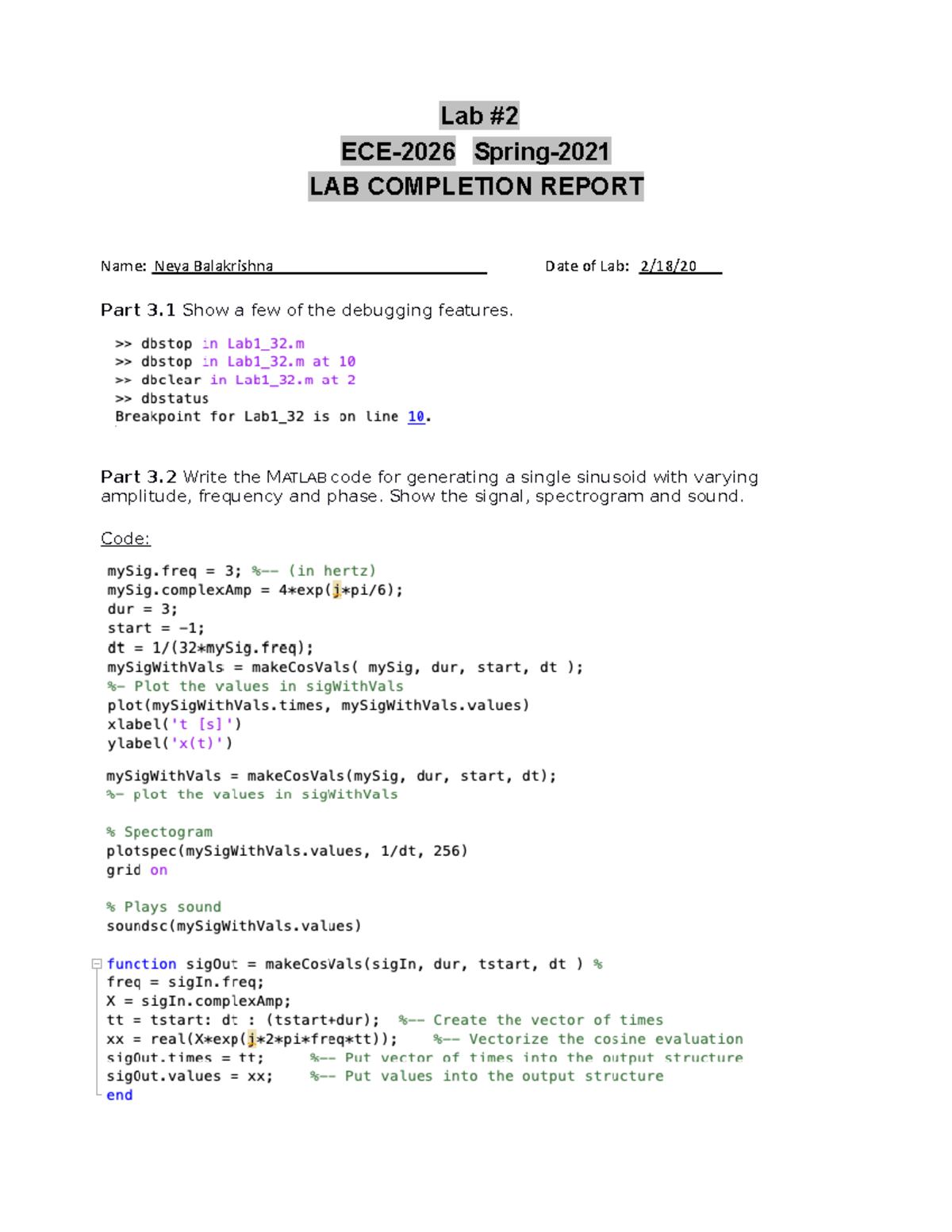 Lab #2 Report & MATLAB Code for ECE-2026 Spring - Studocu