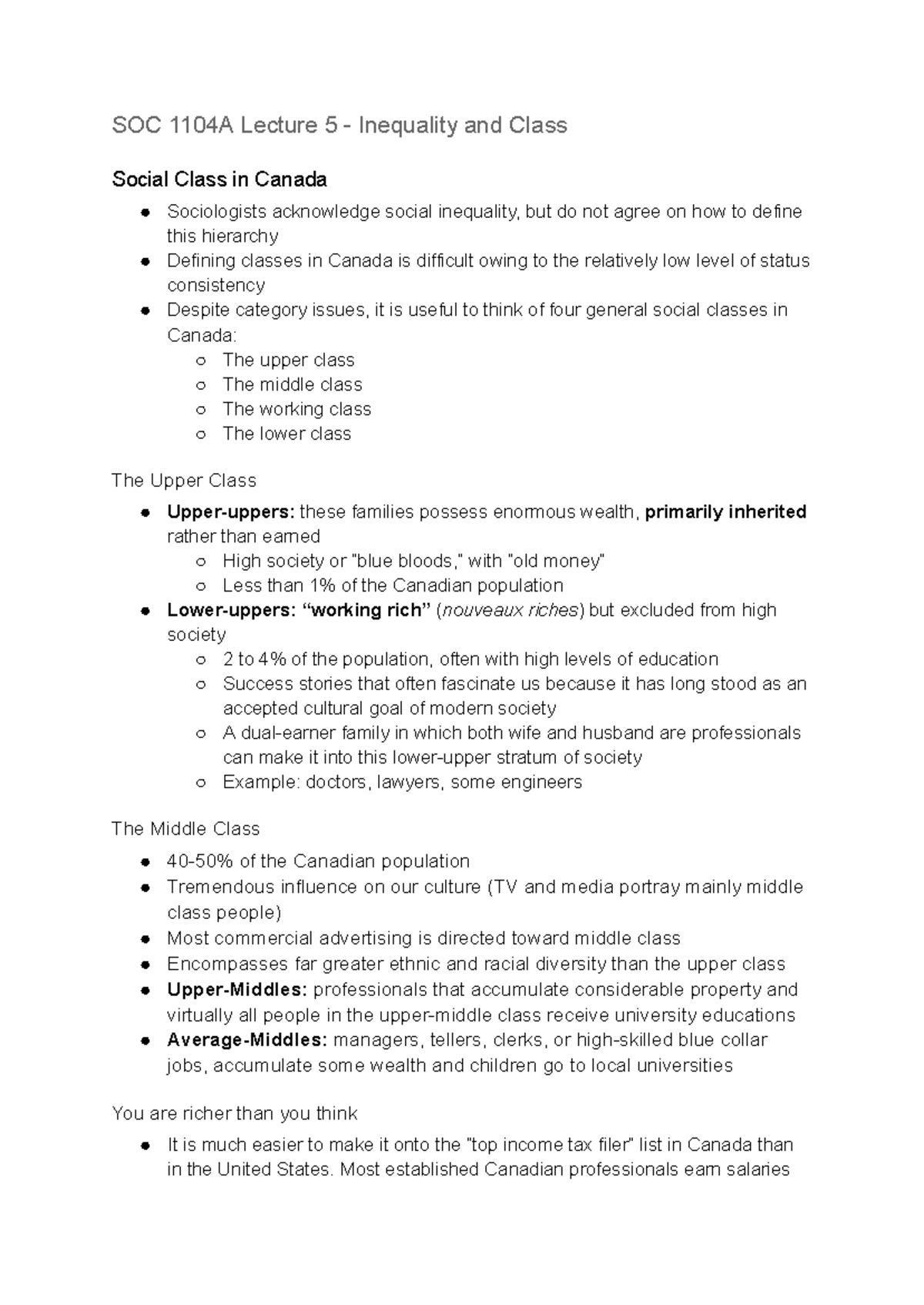 SOC 1104A Lecture 5: Understanding Inequality and Social Classes in ...