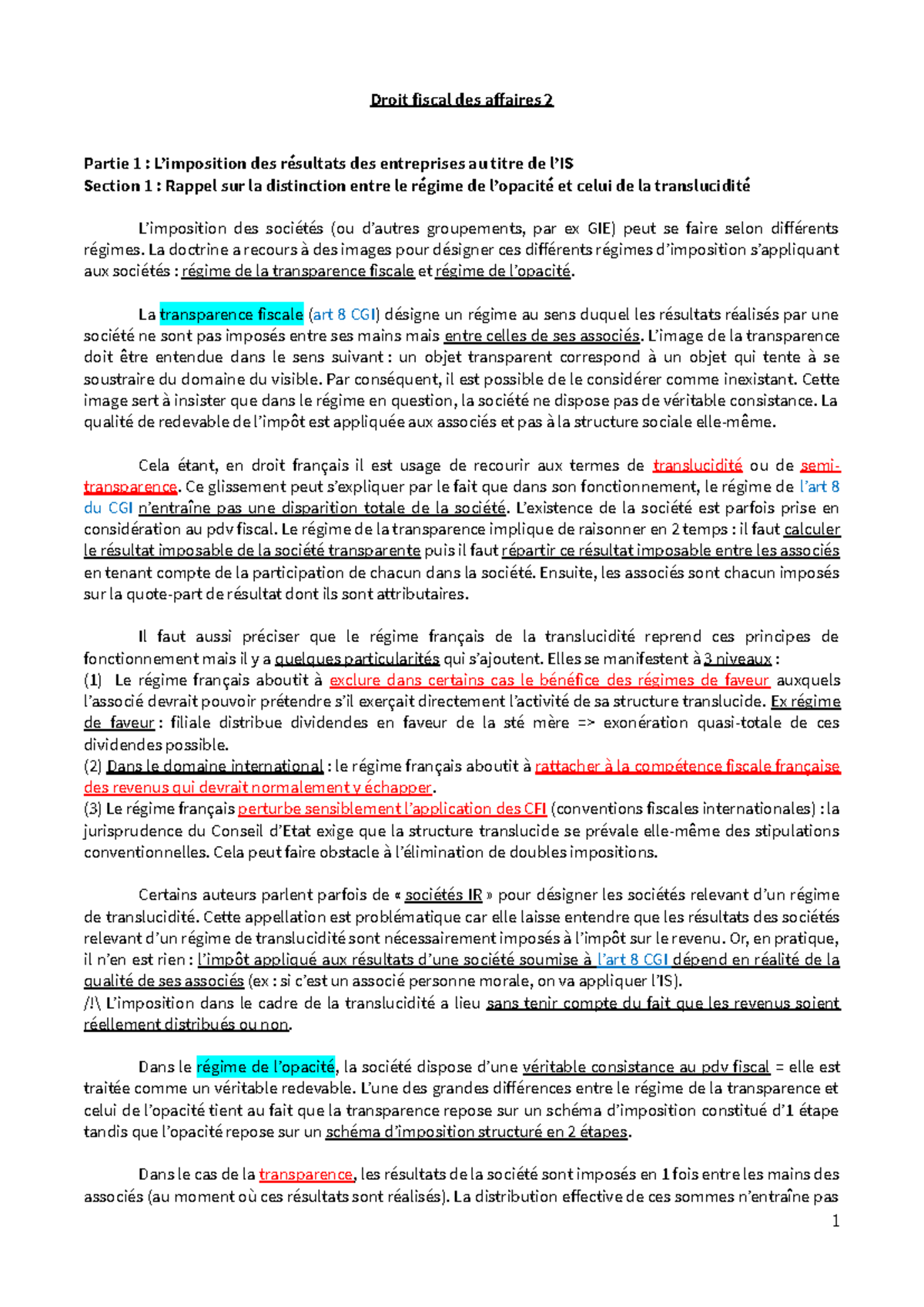 CM - Droit fiscal des affaires 2 : Régimes de transparence et opacité ...