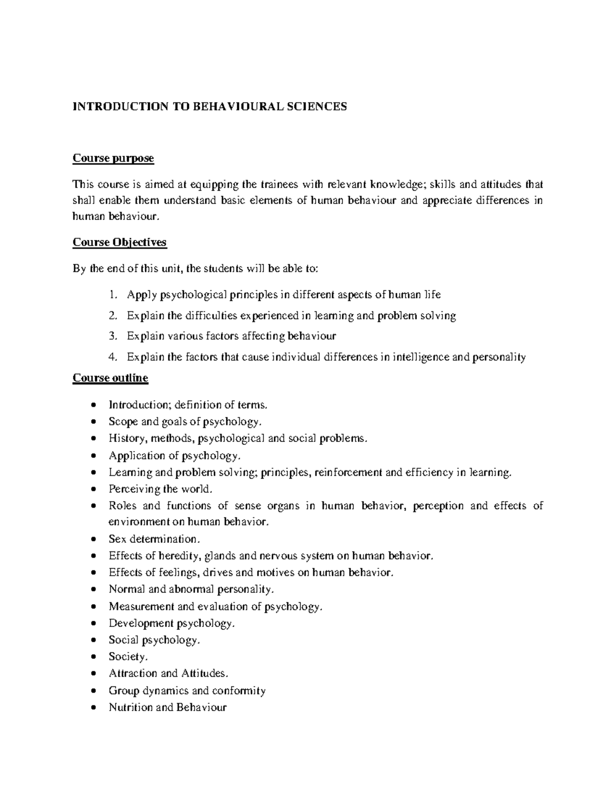 Intro. to Behavioural Science - INTRODUCTION TO BEHAVIOURAL SCIENCES ...
