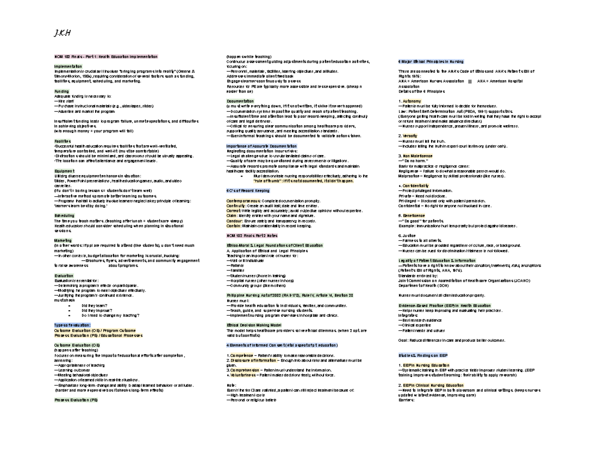 NCM 102 Final Exam Notes: Health Education Implementation & Evaluation ...