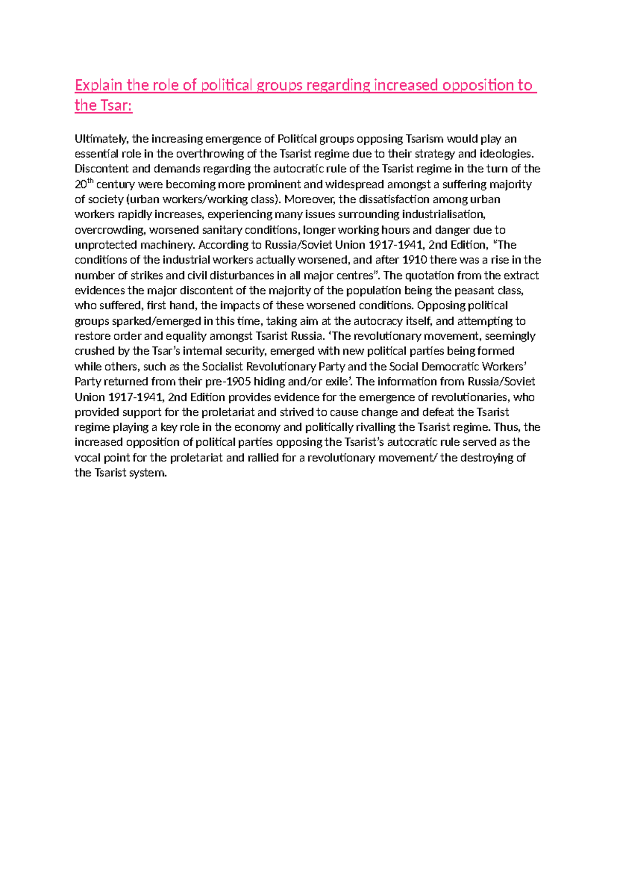Opposition to Tsarism Paragraph - Explain the role of political groups ...