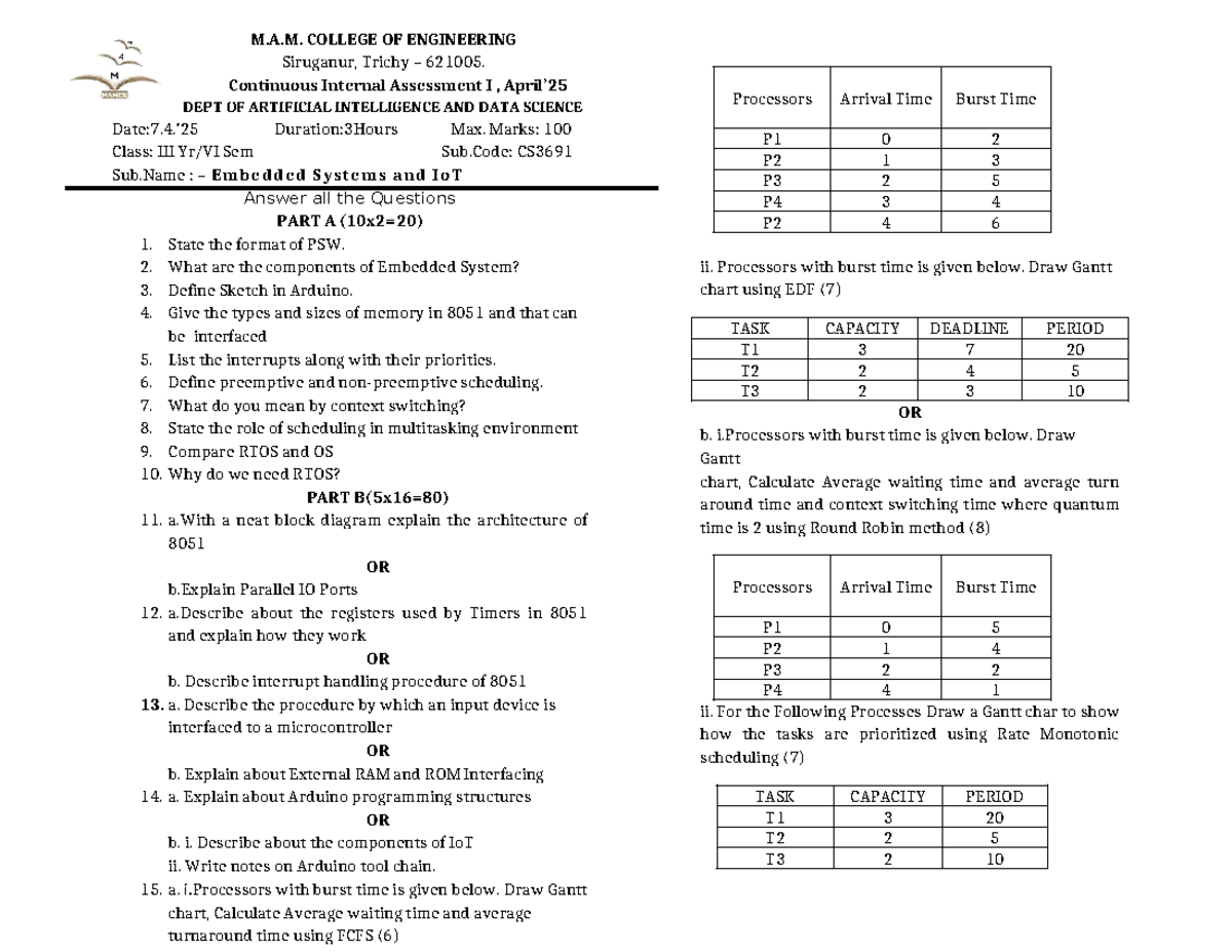 CS3691- ES&Io T - CIA1 - INTERNAL QUESTION PAPER - M.A. COLLEGE OF ...