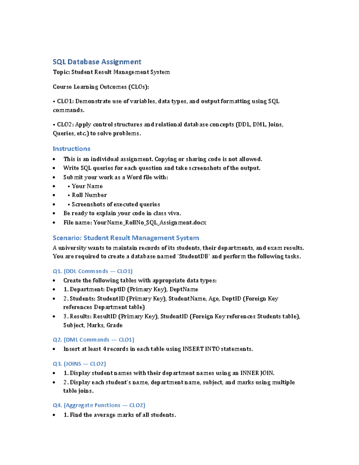 SQL Assignment: Student Result Management System (CLOs Included) - Studocu