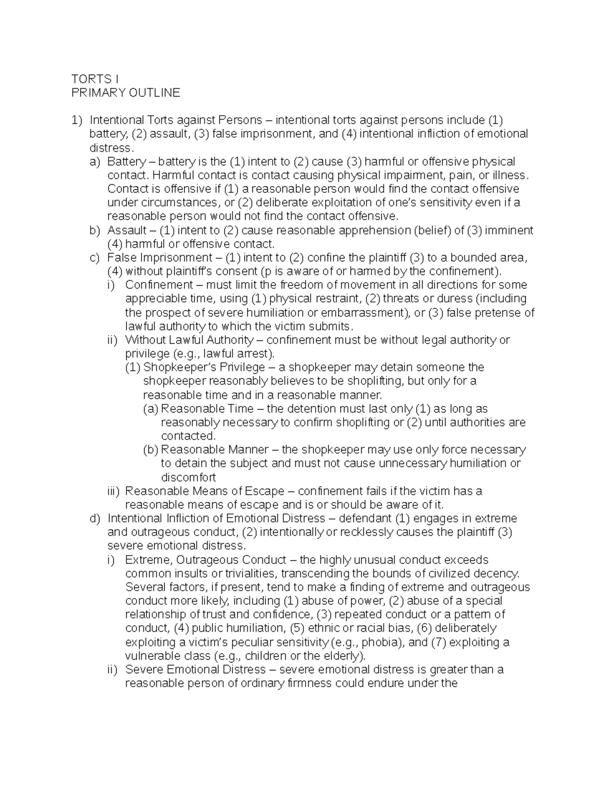 Torts Outline - Key Concepts and Legal Principles Review - Studocu